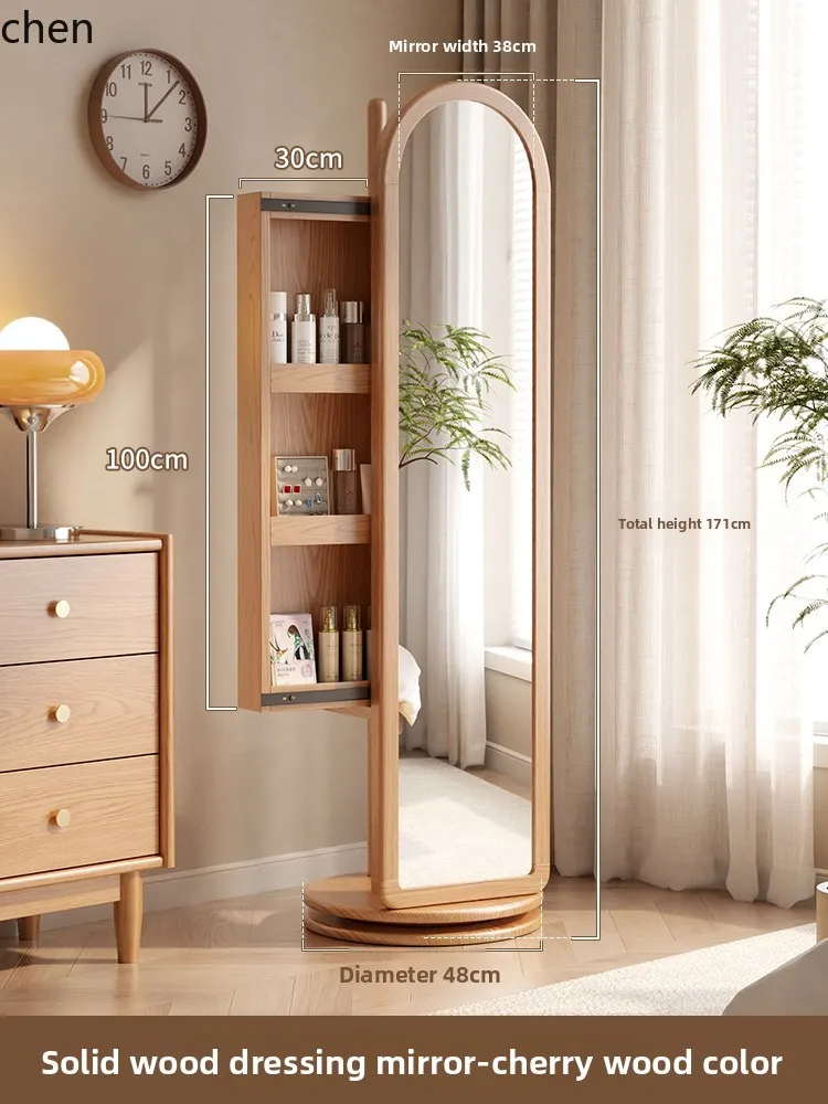 ZML solid wood full body mirror floor household bedroom mirror rotating makeup cabinet hanger integrated storage mirror