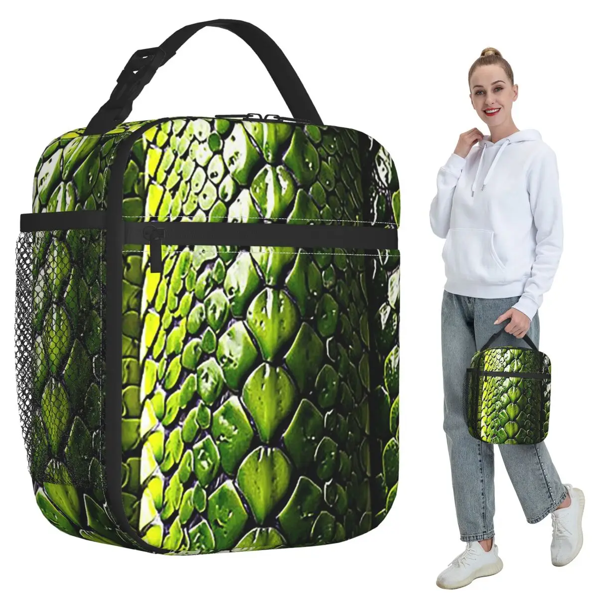 

Snake Skin Green Snake Serpent Animal Print Viper Fashion Insulated Lunch Bag Cooler Thermal Food Box Tote Lunch Boxes Container