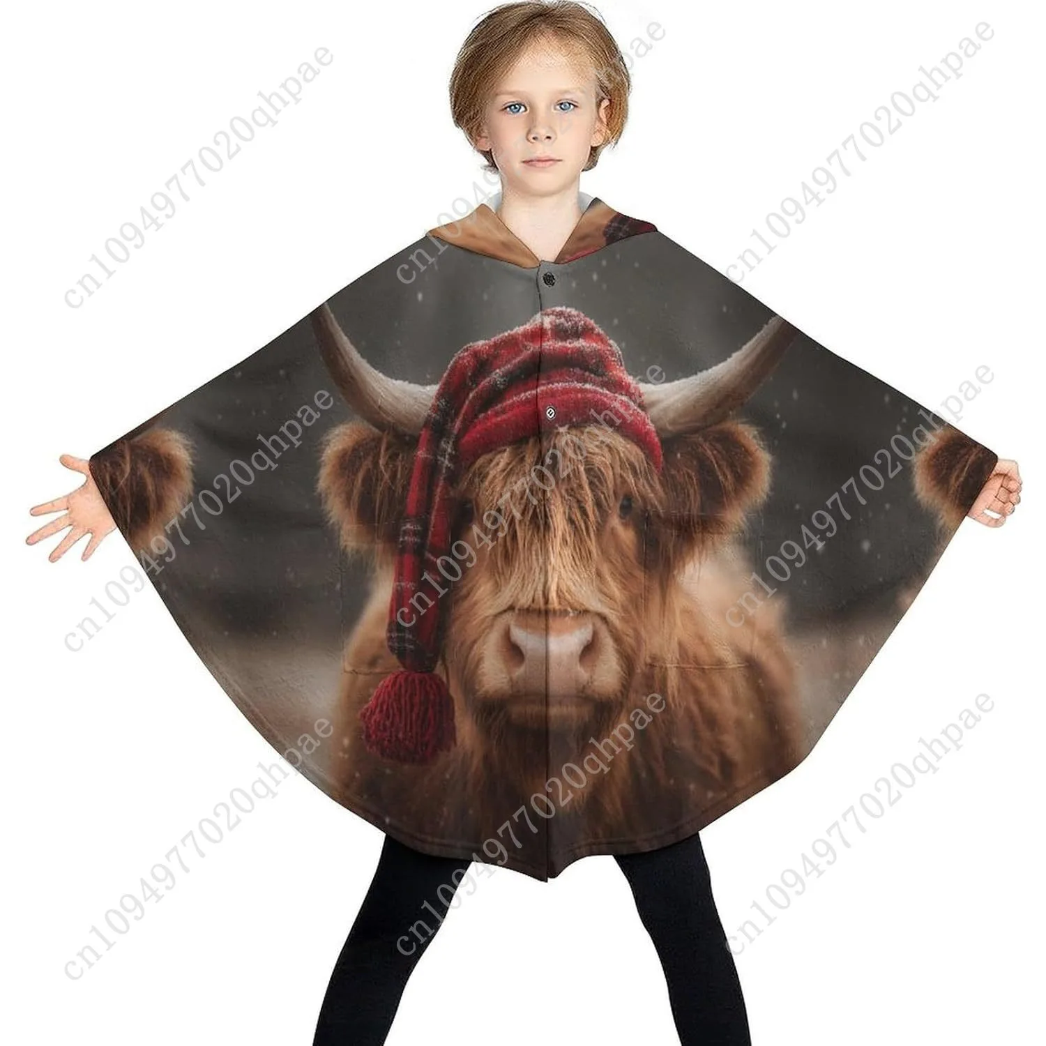 سترة بطانية مريحة من الفلانيل، قبعة حمراء منقوشة بقرة كبيرة الحجم مع جيوب للأطفال والمراهقين #3