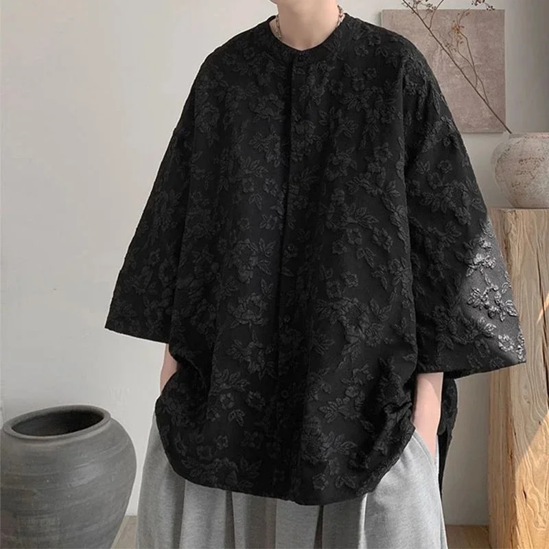 

Large Size Men's ort Sve irt Chinese National Sle Texture Summer Split Hem Seven Sve Inches irt Casual Loose Fit
