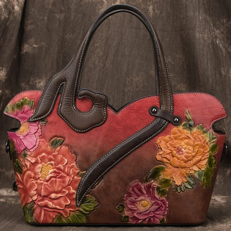 2024 Summer Designer Women Leather Handbags Luxury Style Female Purse Genuine Leather Shoulder Bag Vintage Floral Large Tote Bag