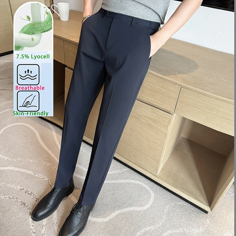 Spring&Fall 7.5% Lyocell-blend Suit Pant for Men with Elastic Waistband,navy Blue Casual Trousers for Business/office/commuting