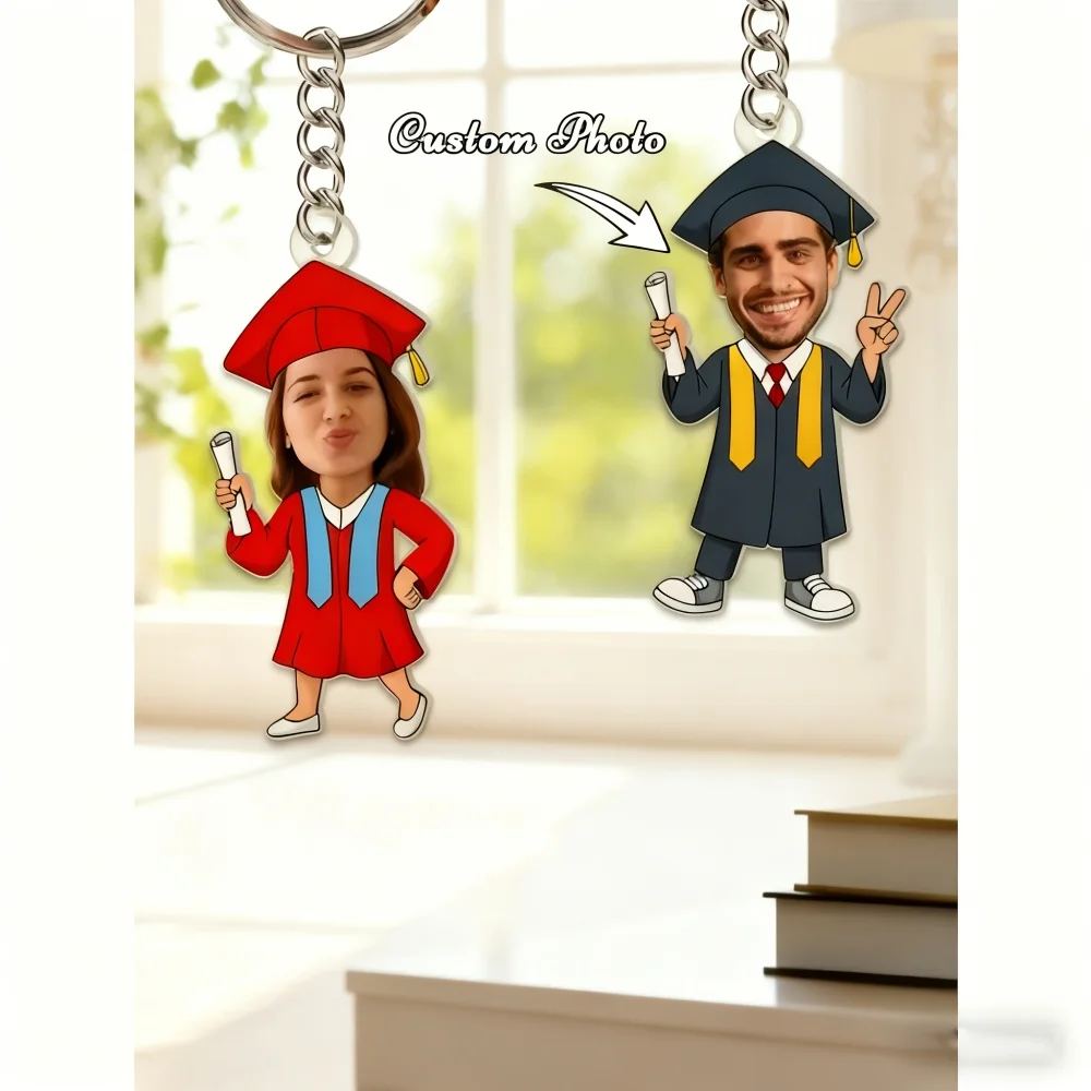 1 unidad de llaveros de graduación personalizados planos 2D, llaveros con avatar personalizado, diseños de birrete y diploma de graduación, regalos para fiestas de graduación