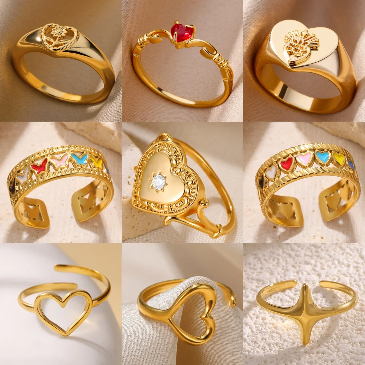 Sweet Heart Women's Openwork Rings Stainless Steel 18K Gold Plating Sparkling Zirconia Vintage Jewelry Ring Free Shipping