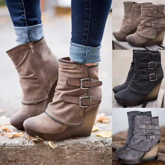 2025, neue Damenstiefel, Reißverschluss, Damen-High-Heels, Wildleder, modische Keilabsätze, langlebig, Retro-Damen-Stiefeletten, runder Kopf, Bottes Femmes – Detail 10