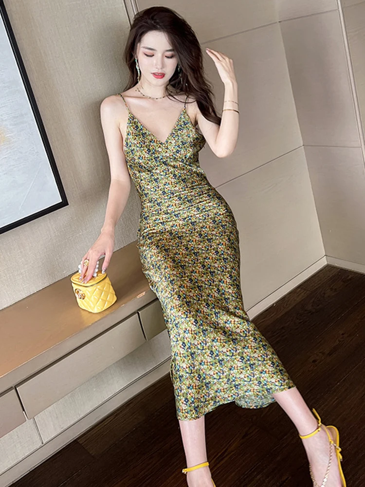 エレガントなヴィンテージイブニングドレス レディース カジュアル サテン グリーン 花柄ストラップ ローカット フィッシュテール ローブ レディース パーティー ホリデー ビーチ ワンピース