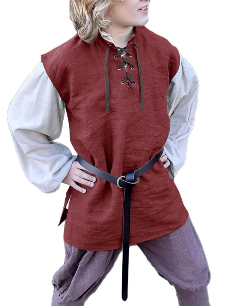Mittelalterliches Kostüm für Jungen und Kinder, Cosplay, Renaissance-Outfit, Weste, Tops, ärmellos, Wikinger-Piratenhemd, Baumwoll-Leinen-Tunika-Hemd, ohne Gürtel – Detail 4