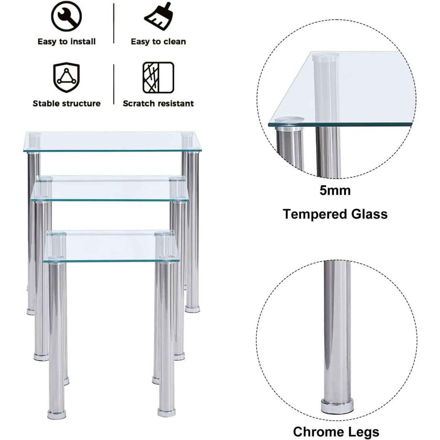 Набор из 3-х современных штабелируемых журнальных столиков, приставные столики для дивана с прозрачным закаленным покрытием