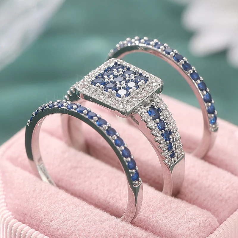 Exquisites Eingelegtes Weiß-Blaues CZ Damen-Ringset Trendiger Silberfarbener Geometrischer Alltags- und Party-Schmuck Jubiläumsgeschenk – Detail 2