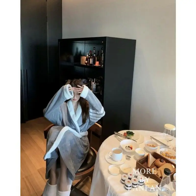 Ropa de mujer, pijamas gruesos con forro polar, bata de franela que mantiene el calor, ropa de casa, albornoz suelto, mantiene el calor, moda Sexy