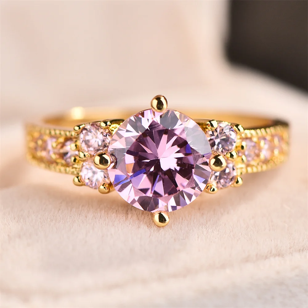 Elegant Pink Crystal Round Stone Engagement Rings For Women Vintage Gold Color Wedding Band Birthstone Jewelry Mother\'s Day Gift