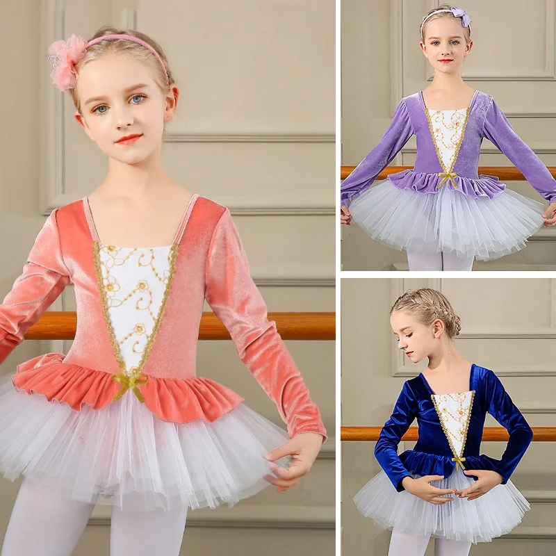 Girls gold velvet ballet fluffy skirt Long sleeve ballet Tutu Dress Training suit Kids Ballet Tutu Dress performance costumes