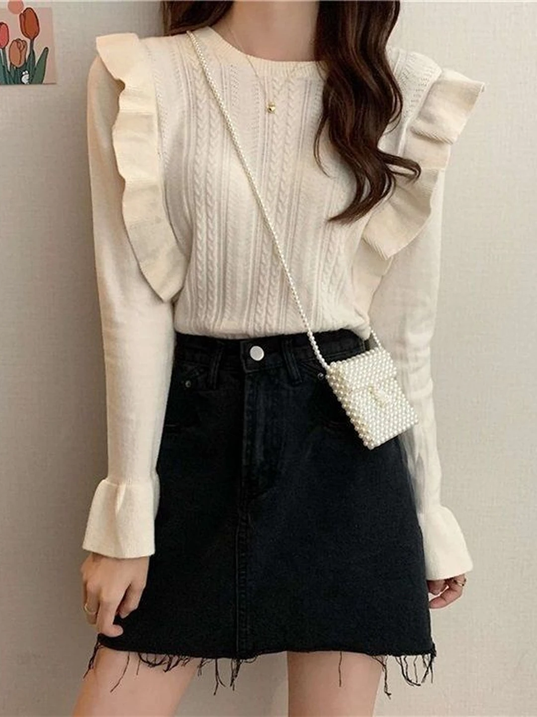 قميص نسائي محبوك بأكمام طويلة للتنحيف، تصميم فرنسي أنيق، ناعم الملمس، بأكمام واسعة، دافئ ومناسب للارتداء اليومي #1