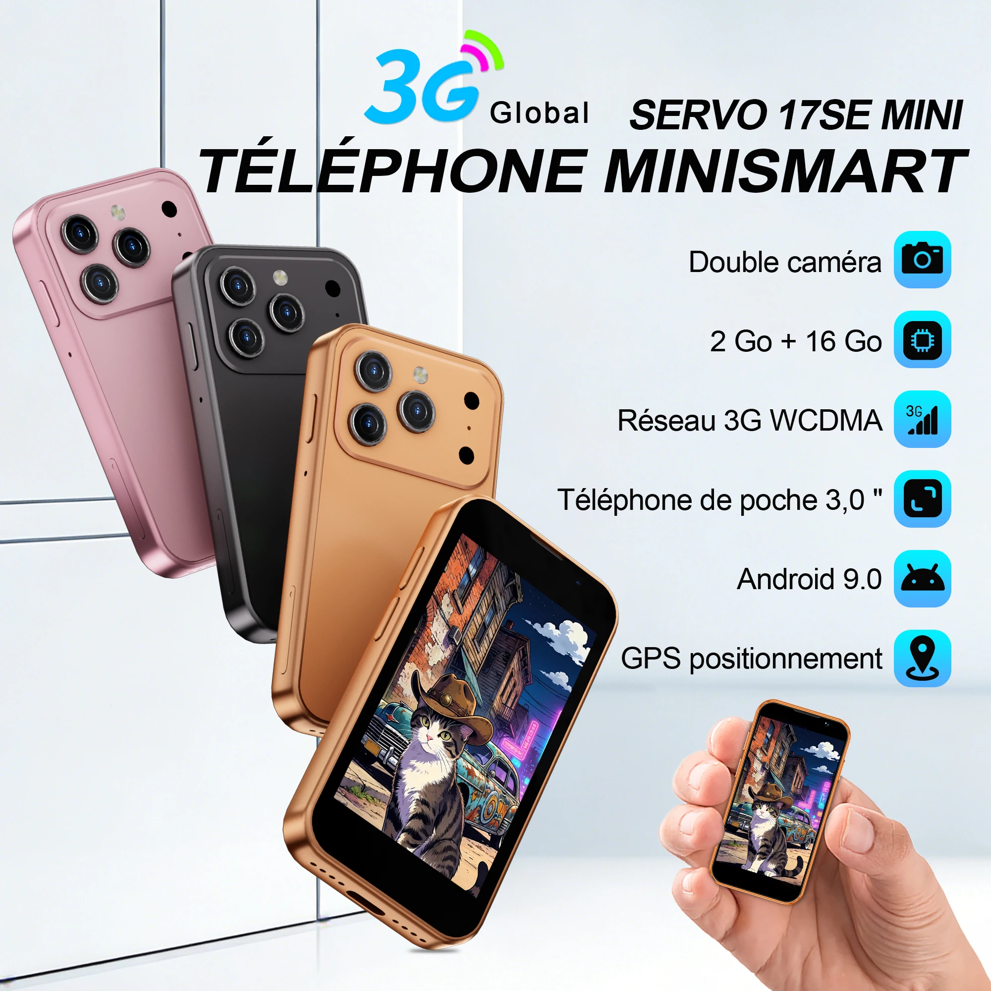 SERVO 17SE Mini smartphone Android double SIM réseau 3G 2 Go de RAM 16 Go de ROM écran miniature de 3,0 pouces ‌   Téléphones avec déverrouillage facial, GPS, WiFi, caméra, petit téléphone portable de poche