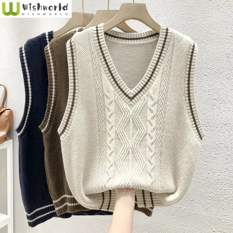 

Literature and Art College Style Knitted Vest Women's Loose Autumn New V-neck Fried Dough Twists Sweater Vest