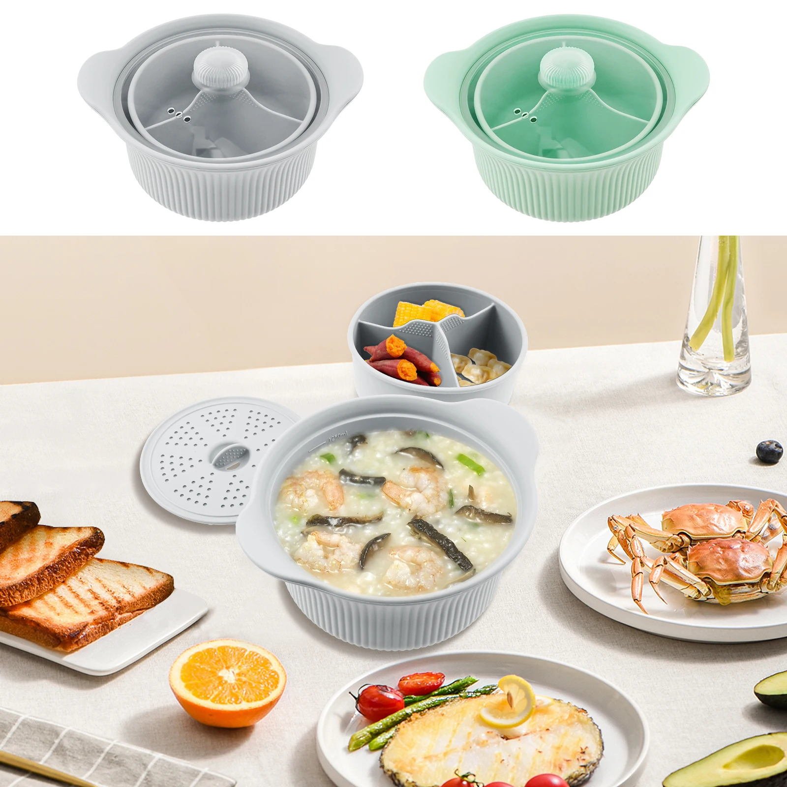 

Microwave Silicone Steamer 3 Compartments Microwave Pot Heat Resistance Multifunctional Steamer Bowl Portable Air Fryer Pot Easy