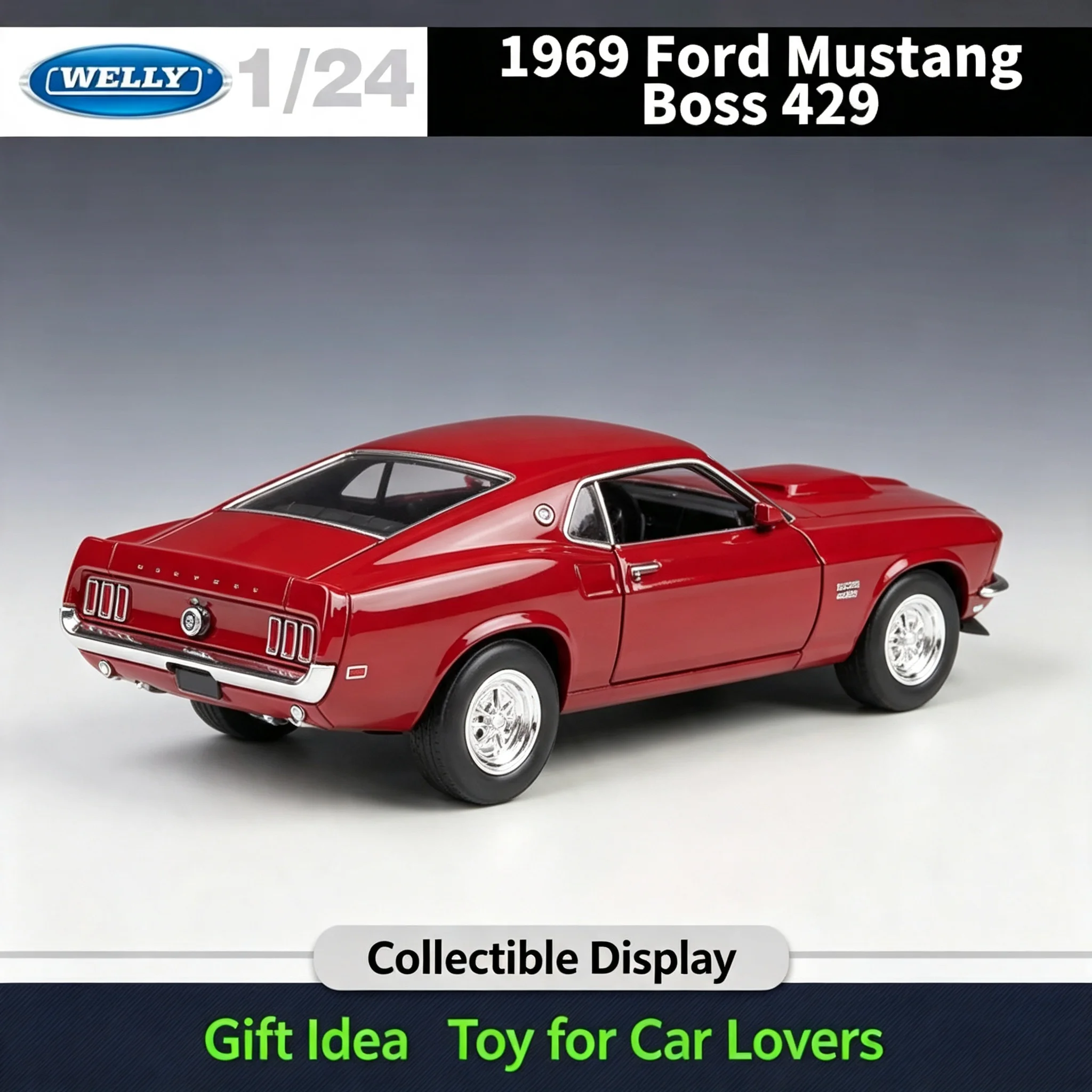 WELLY 1:24 1969 Ford Mustang 429 Cobra Jet, Official Licensed Diecast Alloy Muscle Car Model, Classic American Collectible Gift