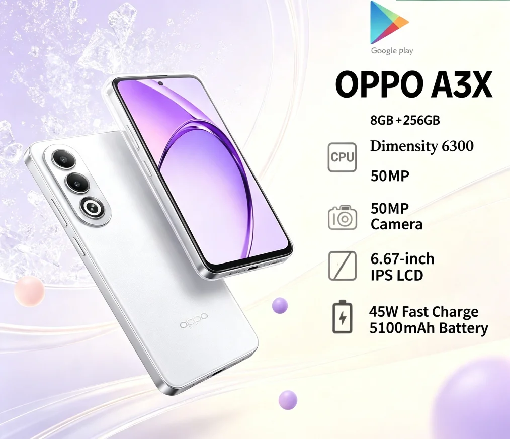 2026 New Release OPPO A3X Cellphone 8+256GB Storage MediaTek Helio P35 Octa‑Core Processor 6.5'' HD+ Display Dual 13MP+2MP Rear