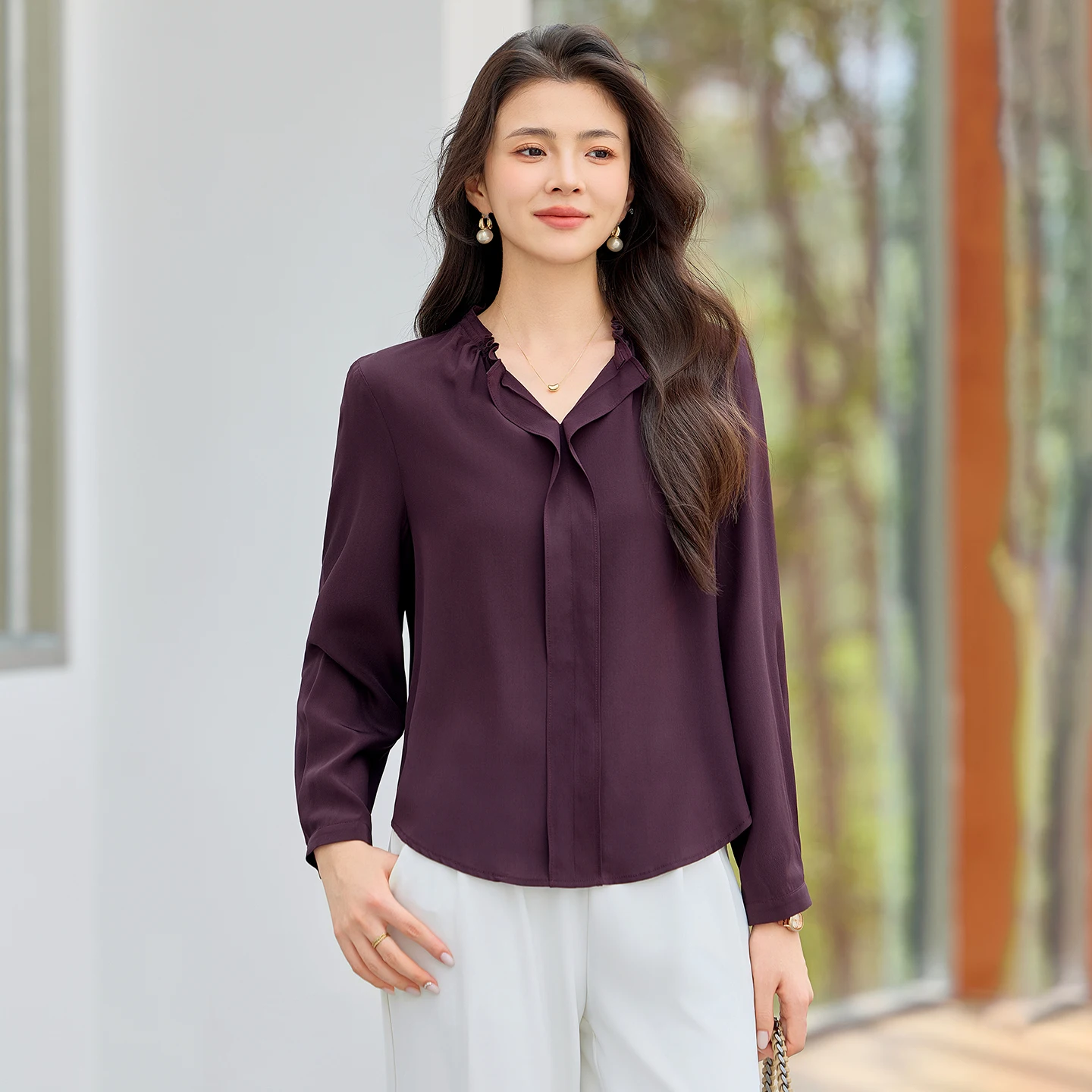2026 New Women's Long Sleeve V-Neck Crepe de Chine Silk Shirt, 100% Mulberry Silk Top with Fashion Design for Spring & Autumn