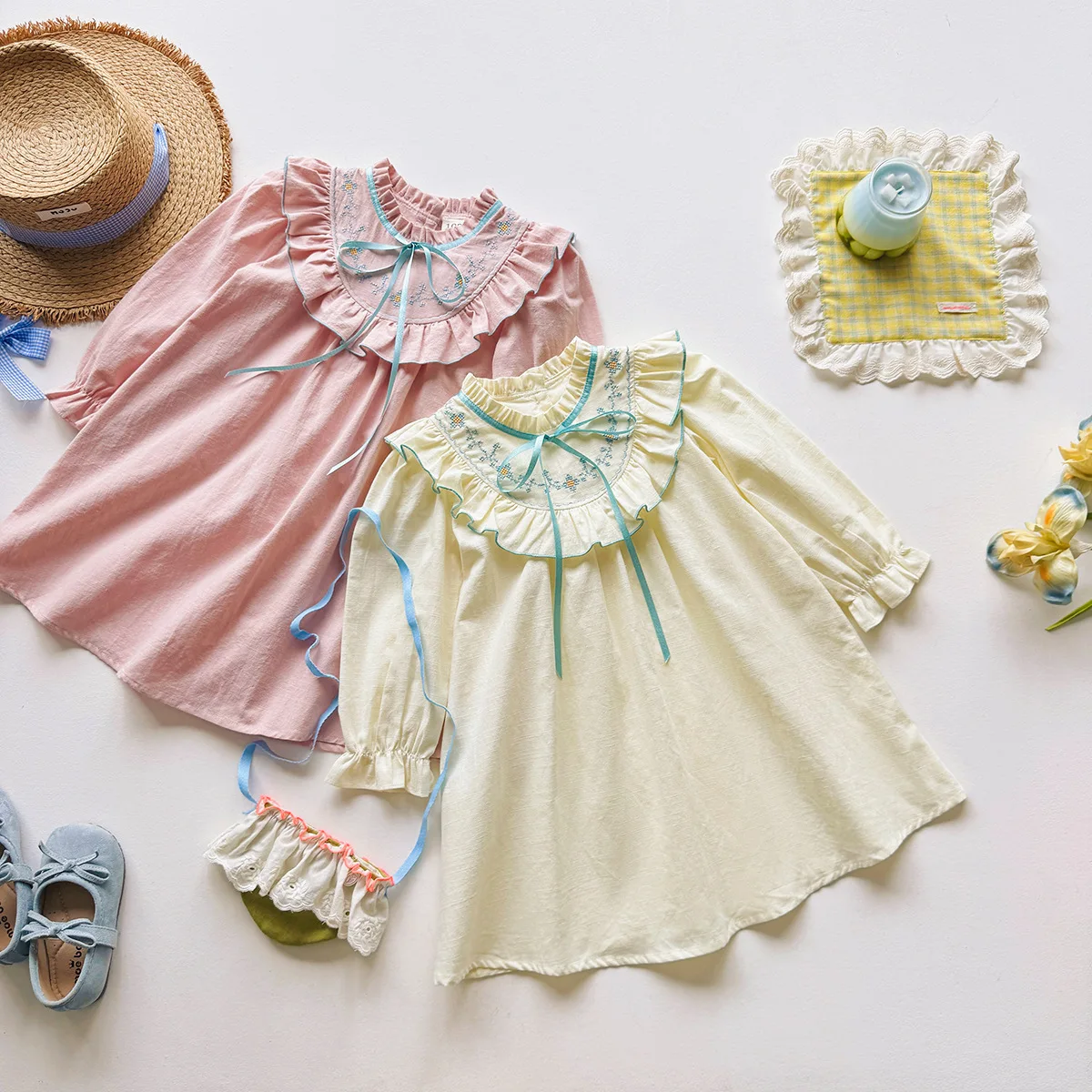Korean Childrens Wear Sweet Floral Nice Girls Dress 2026 Fall Bow Knot Long Sleeve Ruffled Kids Dress