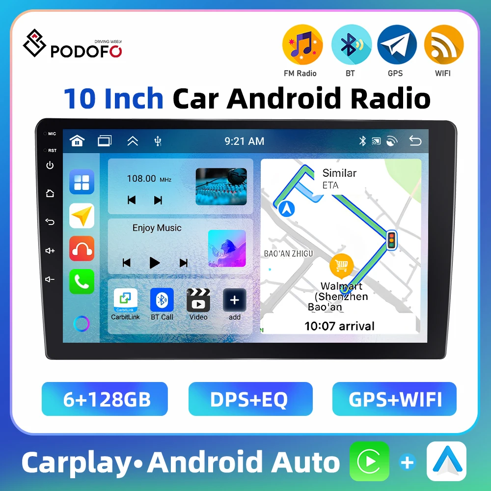 Podofo 6+128G 10'' Car Stereo 4Core Multimedia Player GPS Navigation DSP WIFI Carplay Android Auto Bluetooth FM/RDS Car Audio