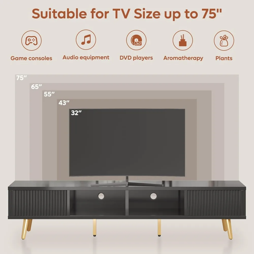 TV Stand for 75/80 inch TV, Low TV Stand with Fluted Sliding Doors, High Gloss Entertainment Center with Storage for Liv