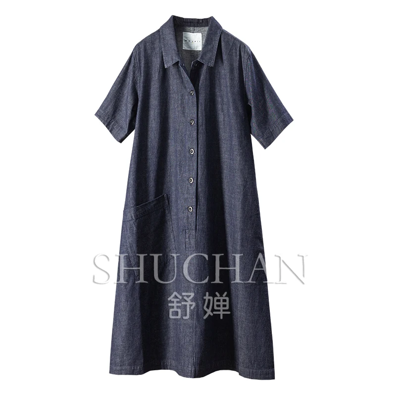 

Simple 100 Cotton Yarn-dyed Denim Short-sleeved Shirt Dress Women's 1Y44 Vestidos Femininos Frete Grátis