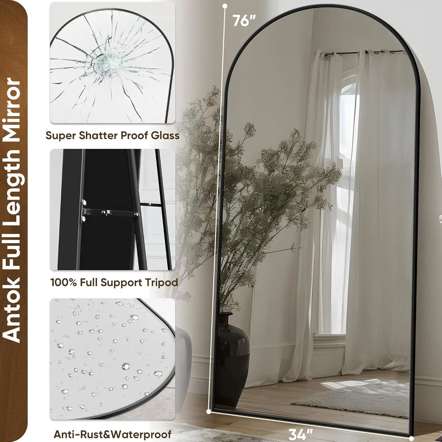 Miroir de sol autoportant avec support, miroir sur pied, miroir complet avec arche, chambre à coucher, Hangi, 76 po x 34 po