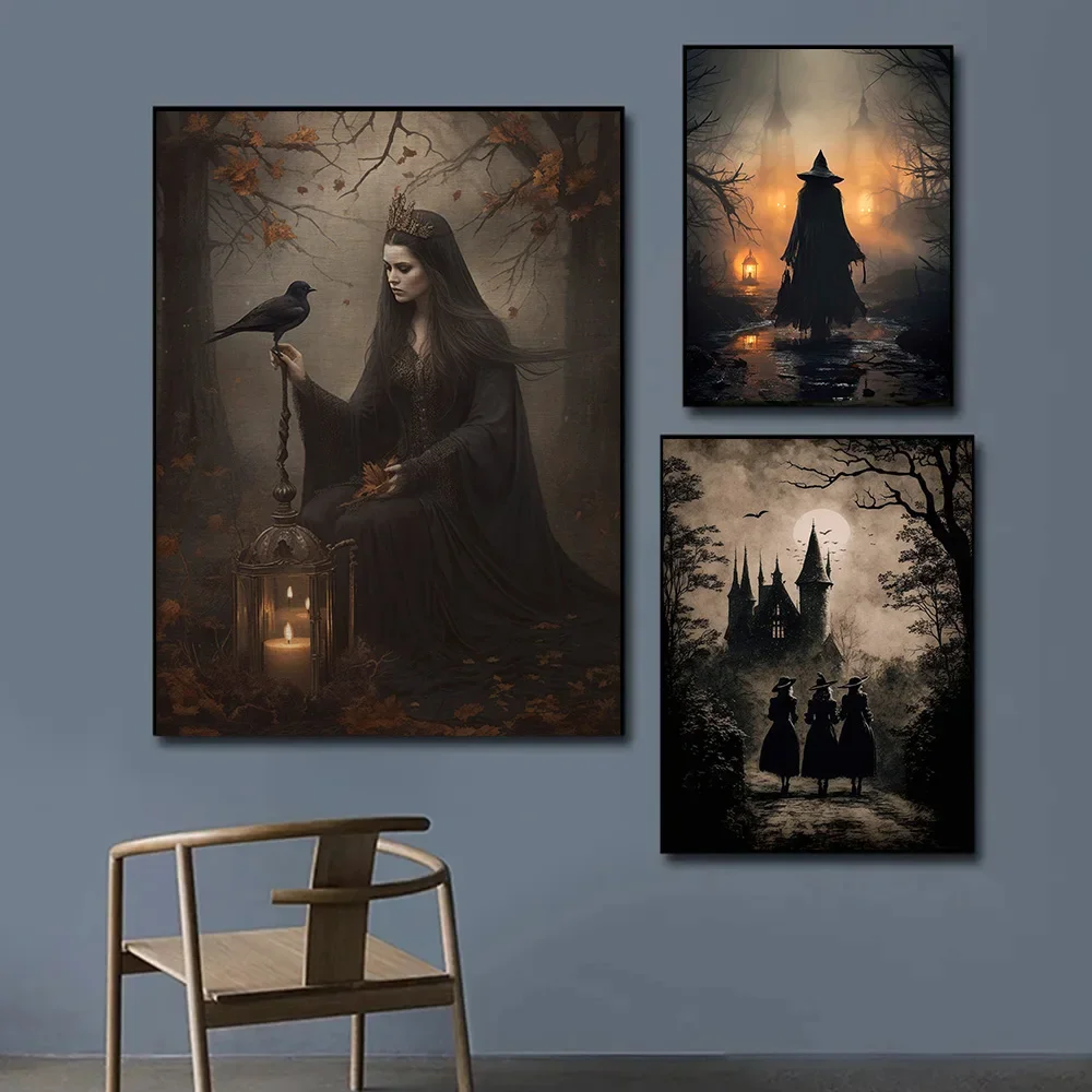 Classic Retro Aesthetics Wall Art Halloween Goth Ghost Witch and Crow Pumpkin HD Oil on Canvas Poster Home Bedroom Decor Gift