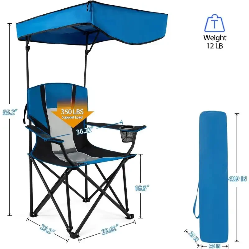 Oversized Camping Lounge Chair with Adjustable Shade Canopy for Outdoor Sports Heavy Duty Quad Fold Chair Arm Chair