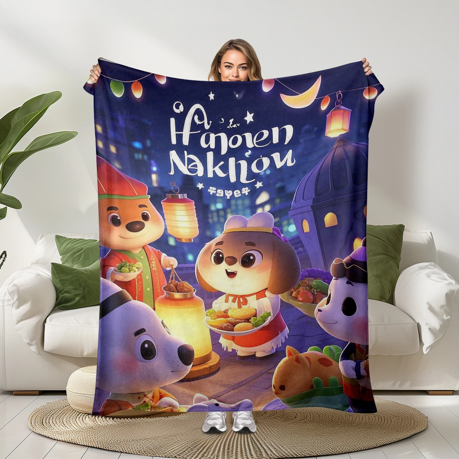 Childrens Blanket With Cartoon Animals Decorating Lantern Night Scenes For Mid East Ramadan Festival Joy