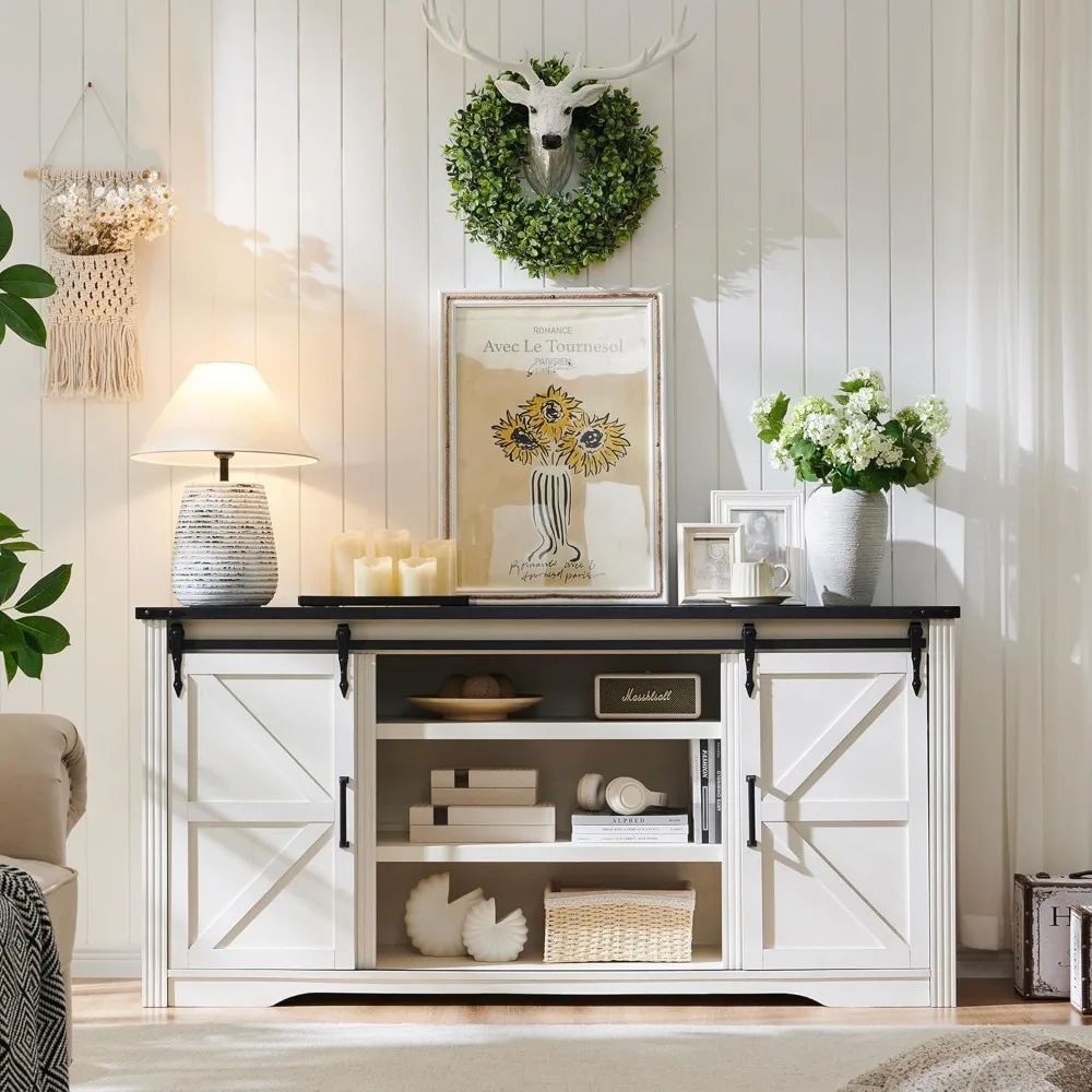 حامل تلفزيون المزرعة لتلفزيون 75+ بوصة، مركز ترفيه بطول 32 بوصة مع/4 أدراج وباب حظيرة منزلق، وحدة تحكم الوسائط الريفية مع تخزين