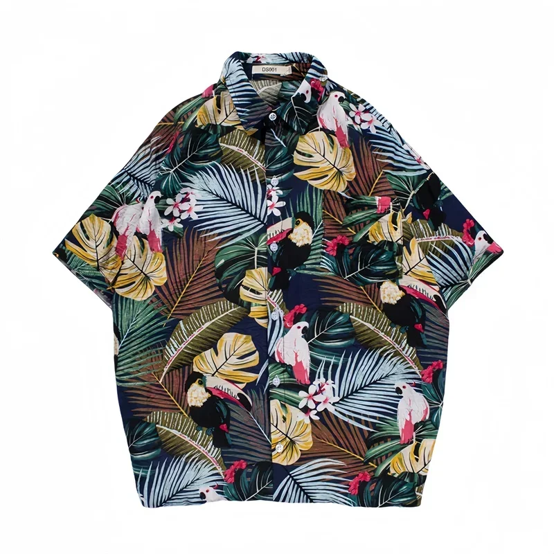 Men's Summer Thin Casual Floral Shirt Retro Handsome Hawaiian Beach Oversized Loose Fitting Short Sleeve Print Shirt Coat