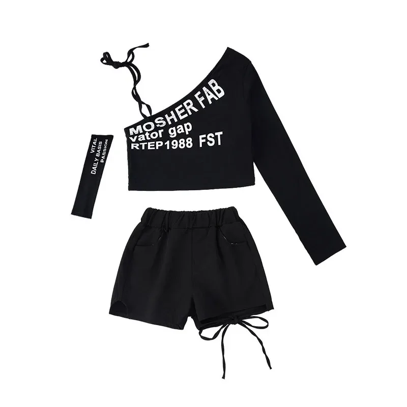 Kid Kpop Hip Hop Clothing White Black One Shoulder Crop Top T Shirt Street Lace Up Shorts for Girl Jazz Dance Costumes Clothes