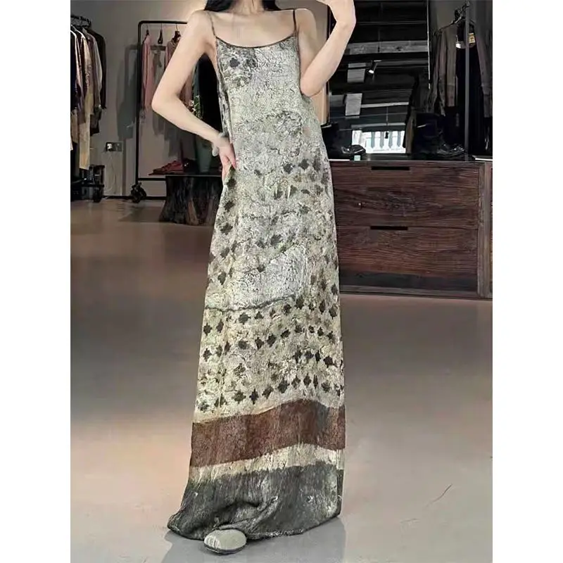 

Retro Vintage Tie Dye Straight Strap Dress Women Summer 2025 New Loose Simple Comfy Casual Beach Maxi Dresses Female Clothes