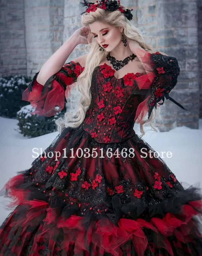 Vintage Gothic Victorian Evening Dresses Black Red Sweetheart Neck Floral Embroidered Lace Ruffles Costume Party Halloween Dress