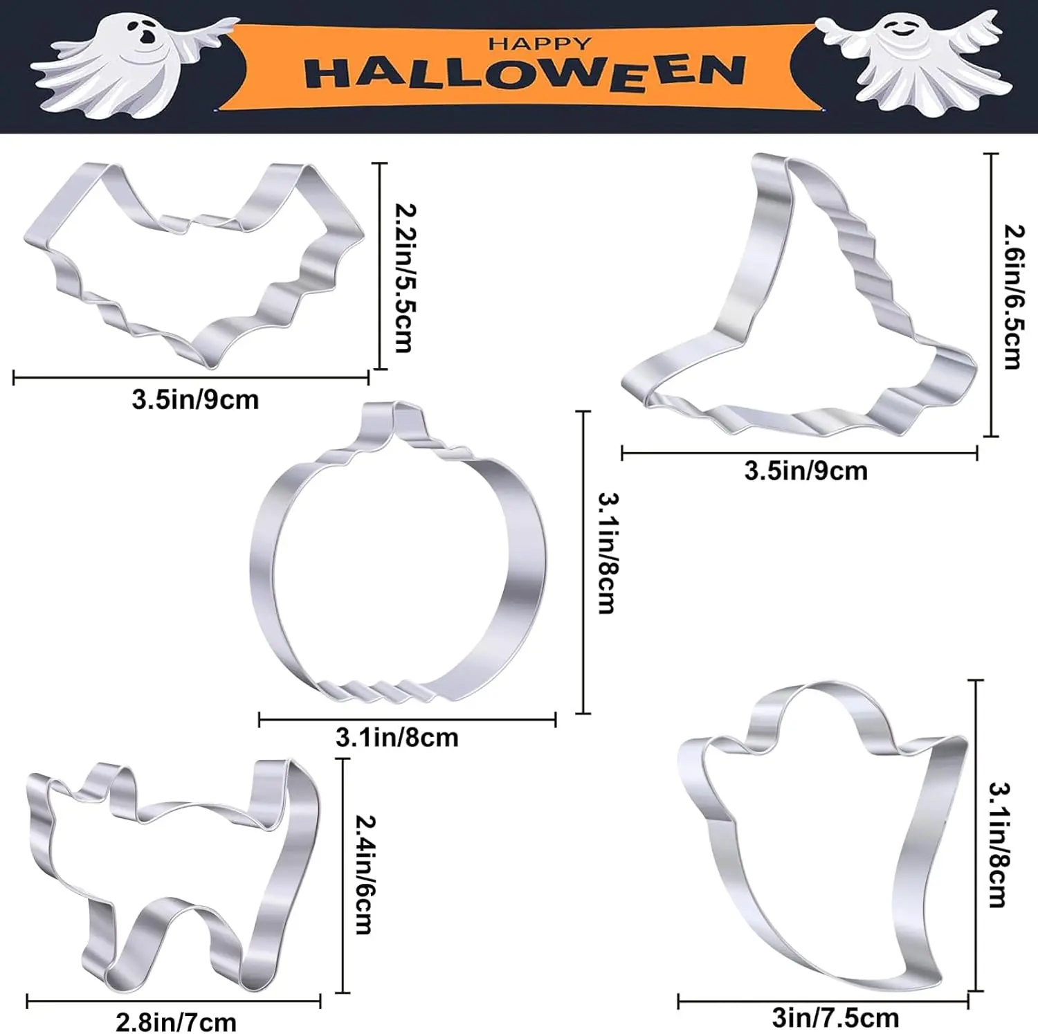 3-teiliges Halloween-Ausstechformen-Set aus lebensmittelechtem Edelstahl, Fledermaus-, Kürbis- und Geisterformen für Süßigkeiten, Obst, Pfannkuchen, Feiertags- und Heimbackwaren – Detail 15