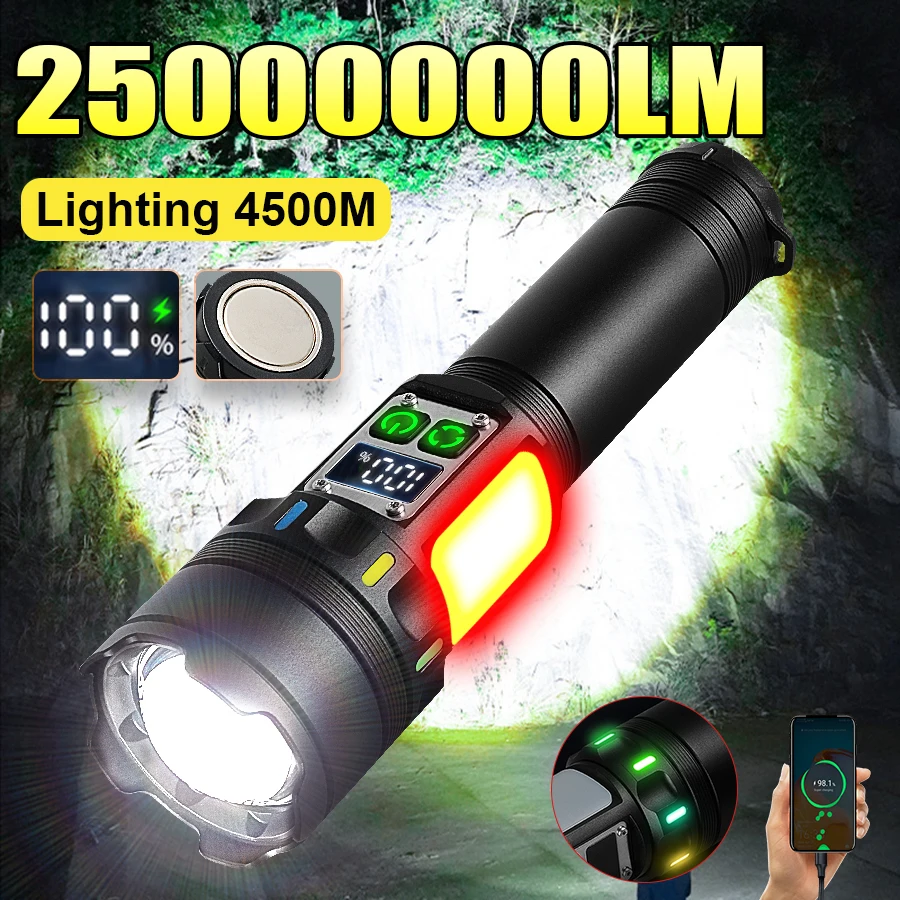 25000000LM Super Powerful LED Flashlight 800W Rechargeable Light Aluminum Alloy Camping Lamp With Magnet Outdoor Fishing Lights