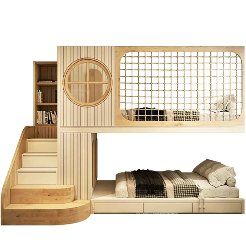 سرير أطفال فاخر وخفيف الوزن مصنوع من الخشب الصلب عالي ومنخفض سرير بطابقين بطول 1.2 متر مع خزانة سلم