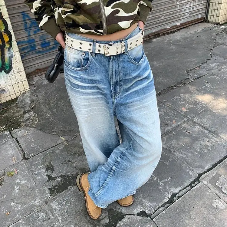Women Pants Denim Pant Vintage Washed Scratch Loose High Waist Straight Trousers Frayed Y2k Streetwear Work Casual Jeans 2026