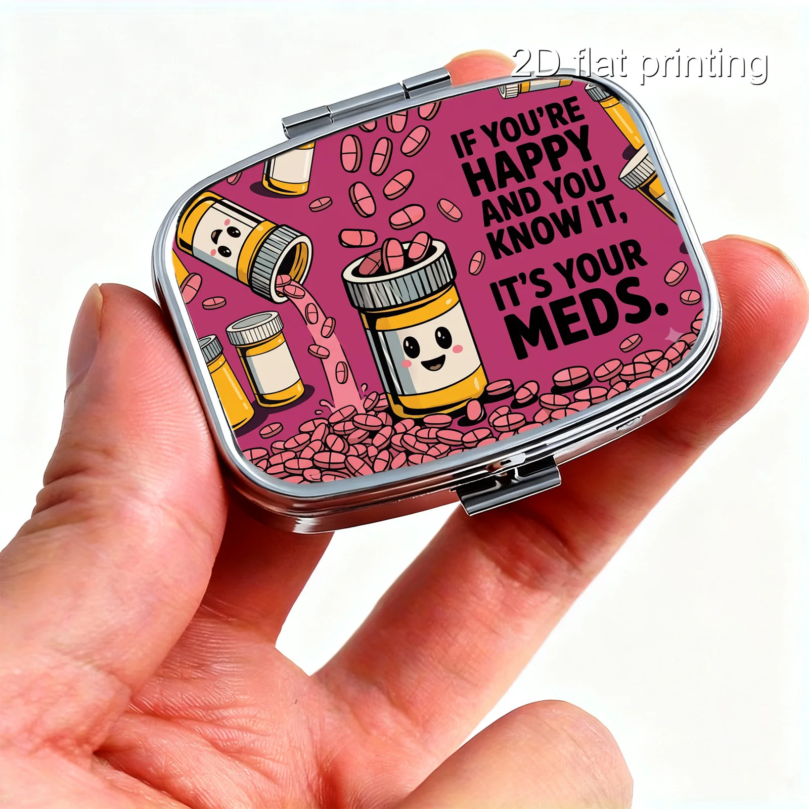 Pink Integrated Flat-Printed Portable Mini Double-Compartment Pill Box, Cartoon Pill Bottle, Fun Text Print, Travel Medicine Organizer, Sealed and Moisture-Proof, Capsule and Vitamin Dispenser, Pocket-Sized Portable Pill Box, Flat