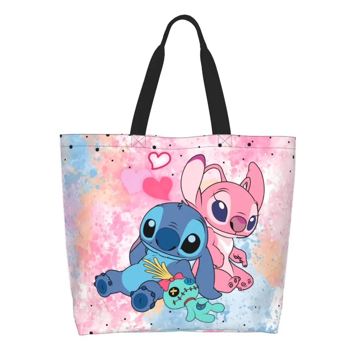 

Custom Stitch And Angel In Love Anime Grocery Shopping Bag Print Canvas Shopper Shoulder Tote Bag Large Capacity Durable Handbag