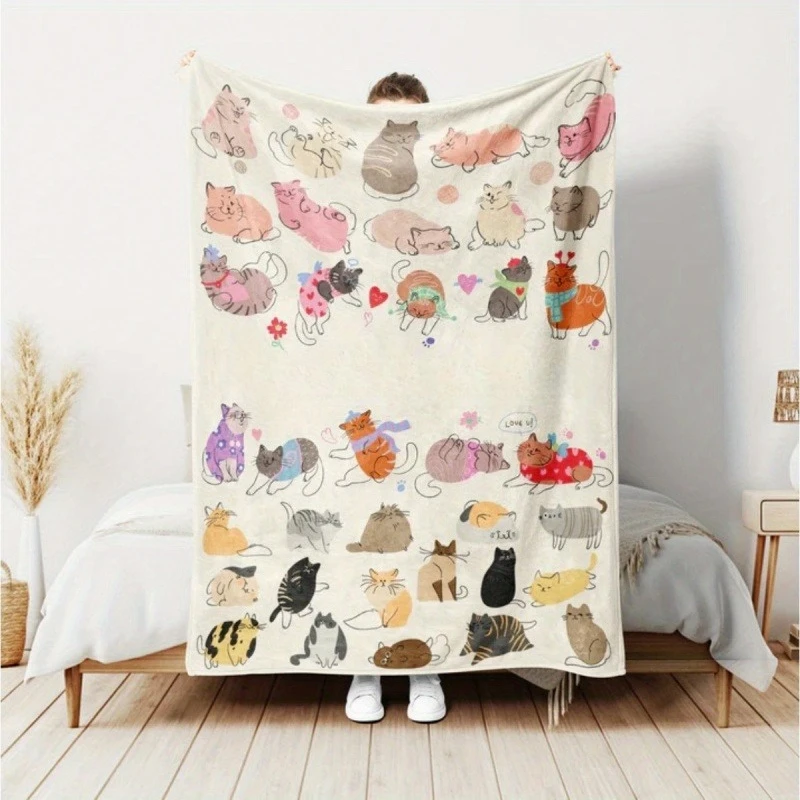 Newest Hand Drawn Cats Collage Flannel Throw Blanket, Personalized Kitten Pattern Blanket for Cat Lover Bedroom Gift