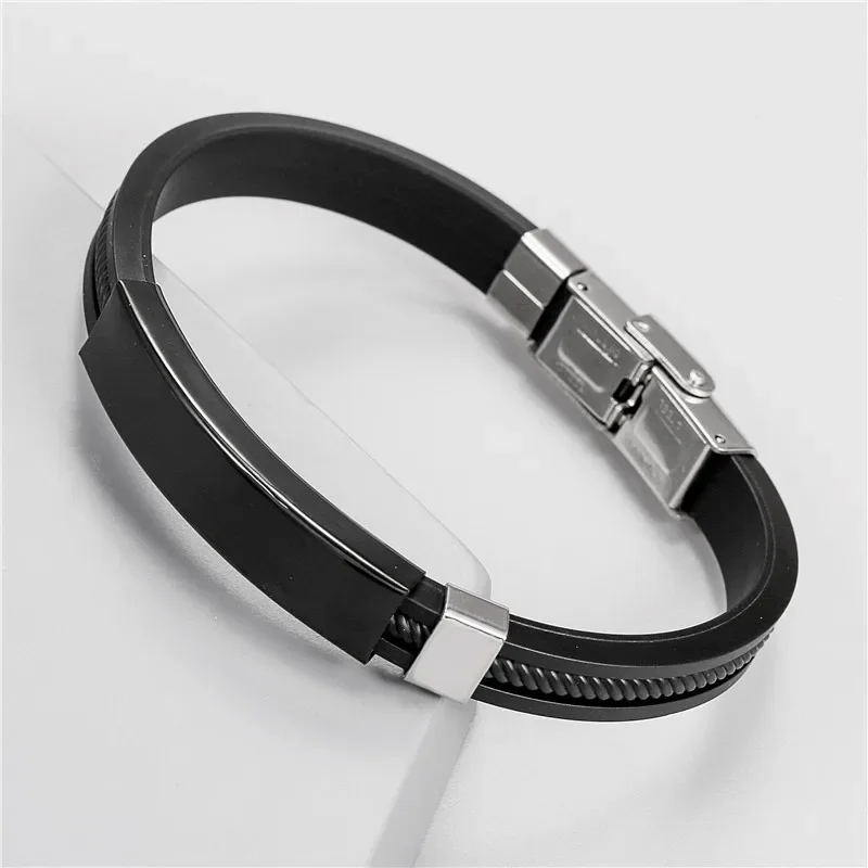 Stainless Steel Bracelet Men Wrist Band Black Grooved Rudder Silicone Mesh Link Insert Punk Wristband Casual Bangle for Men