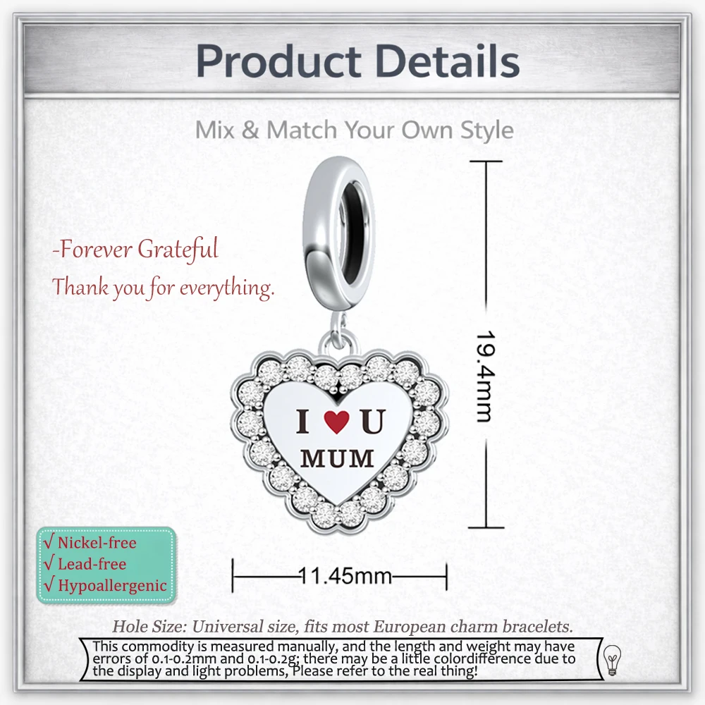 SilJew Heart Charm Beads 925 Silver Dangle Mom Family Infinity Pendant Fit Pandora Bracelet DIY Jewelry Gift for Mother's Day