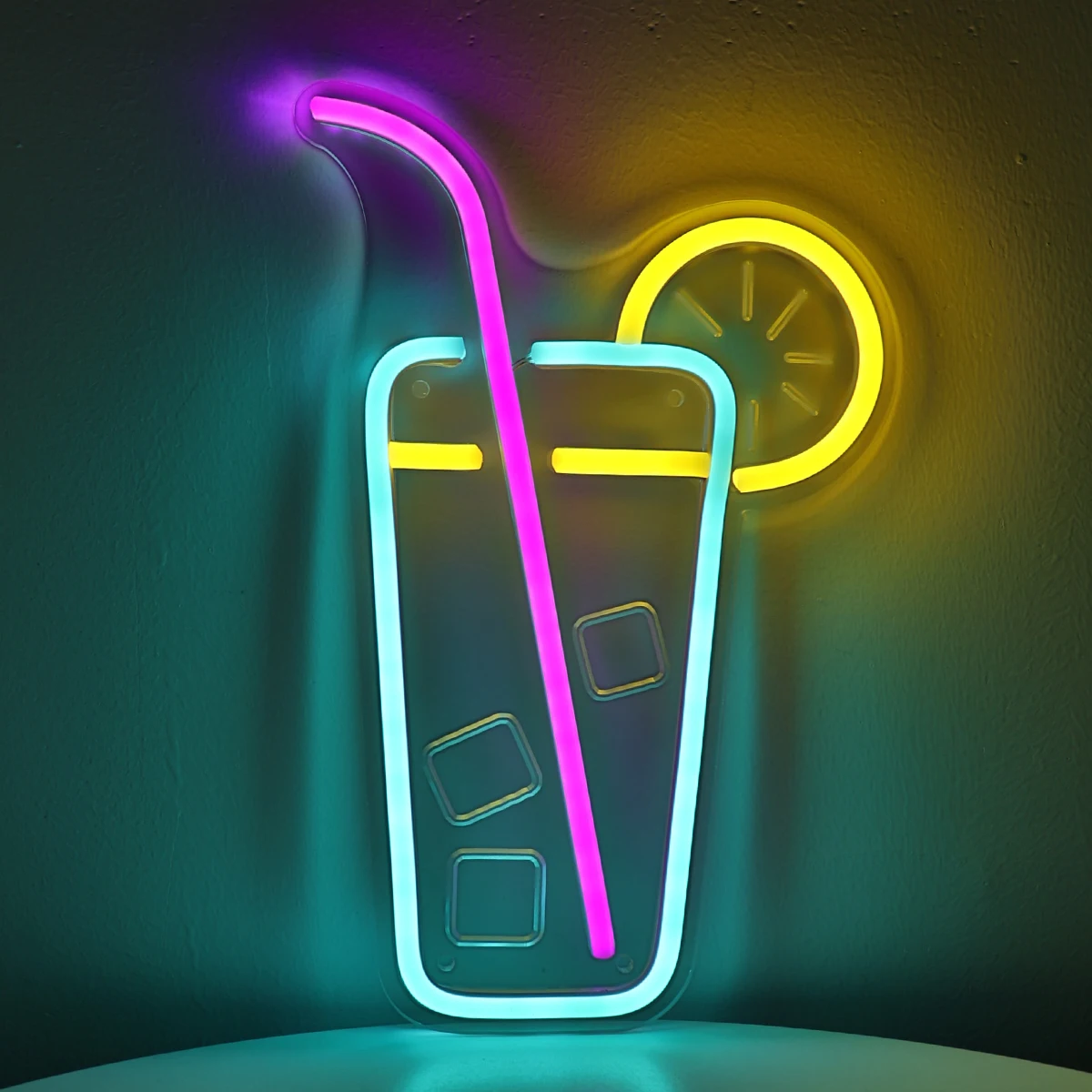 1PC  Juice Glass With Lemon Curving Ice Cubes LED Wall Neon Sign For Party Club Milk  Coffee Shop Wall Decoration7.44\'\'*11.42\'\'