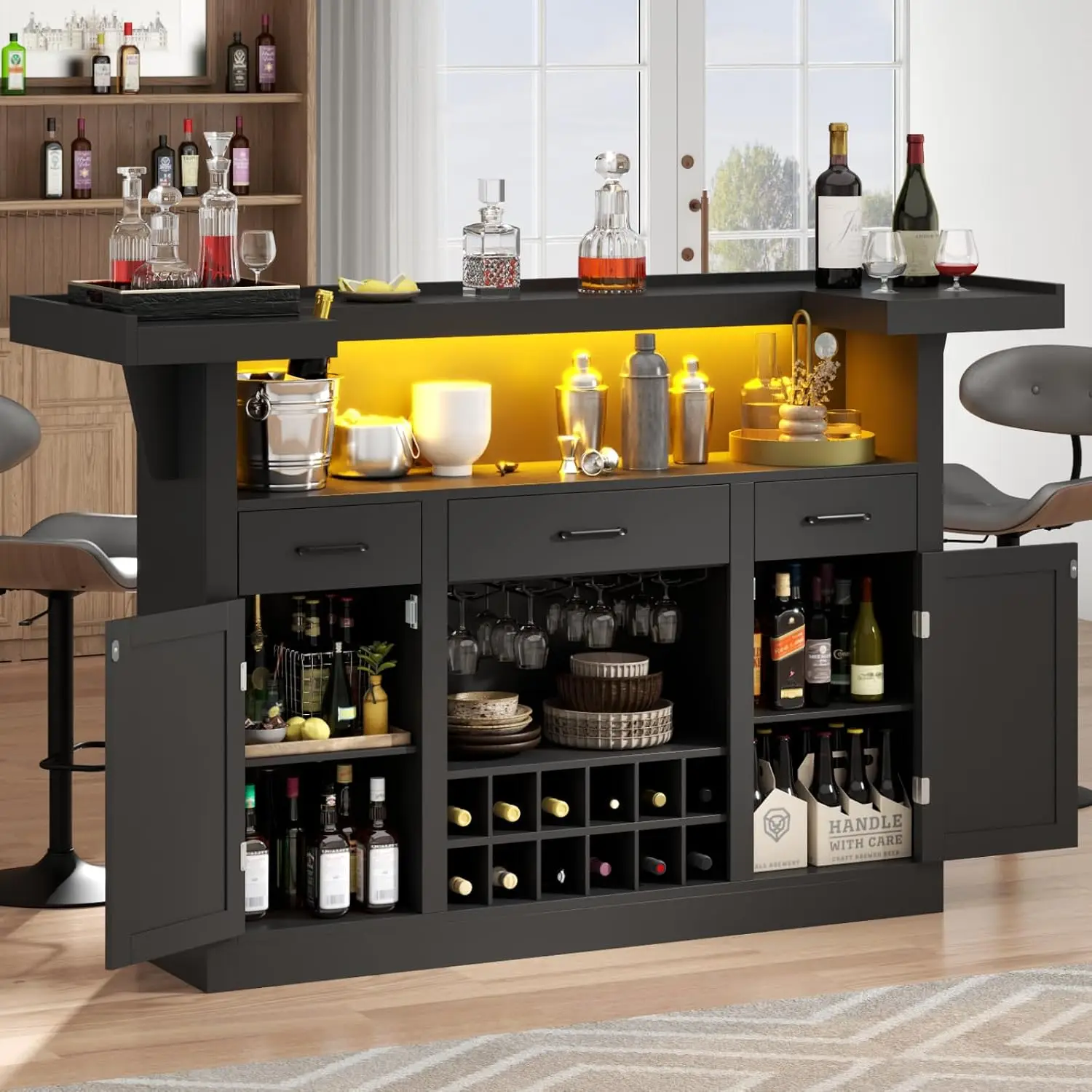 71-in Bar Cabinet with LED & 3 Drawers, Liquor Wine Bar for Home Pub with Adjustable Shelves & Stemware Holders