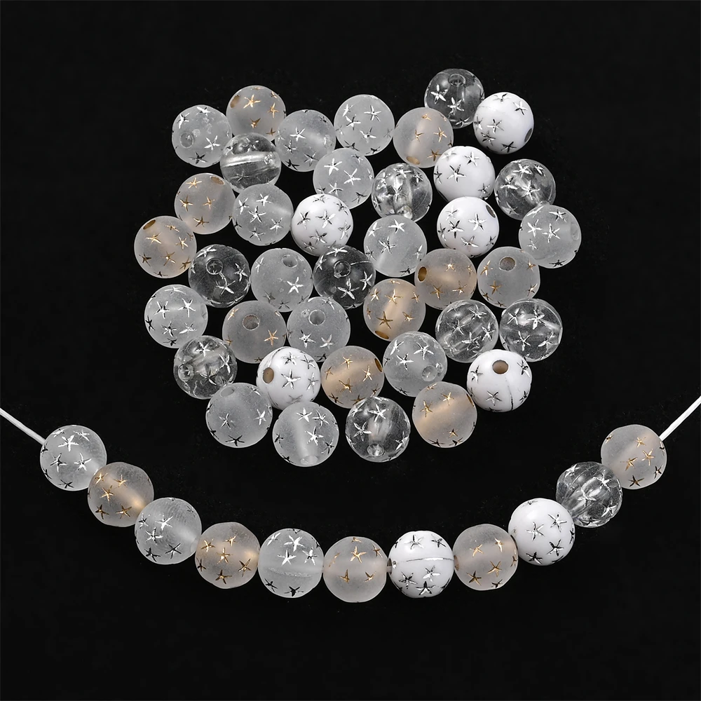 100 Stück 8 mm Sternmuster mattierte Acrylperlen, klare, runde, lose Perlen für die Schmuckherstellung, DIY-Armband, Halskette, Zubehör – Detail 3