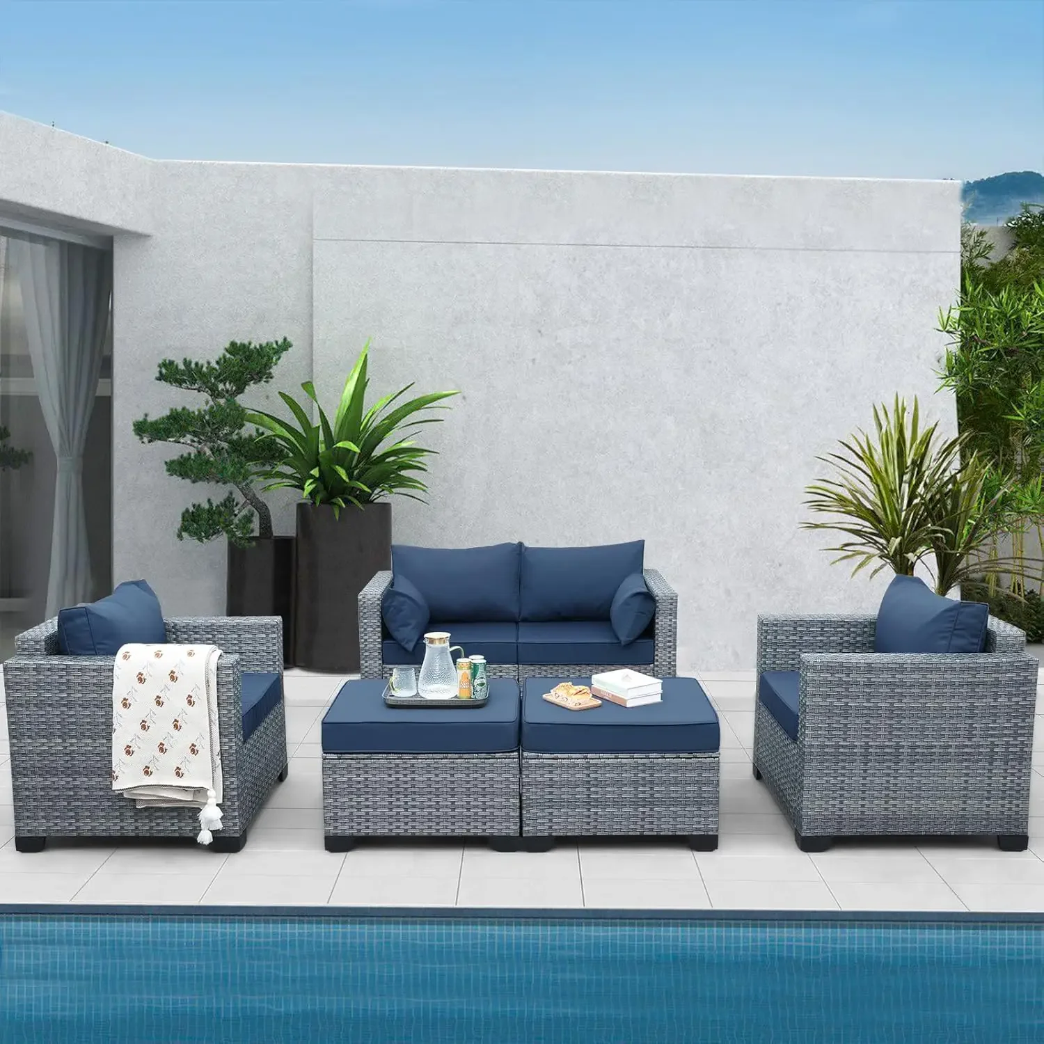 

5PCS Patio Furniture Set, Outdoor Wicker Conversation Set w/ Ottomans, All-Weather PE Rattan Love Seat & Chair Set w/ Cushions