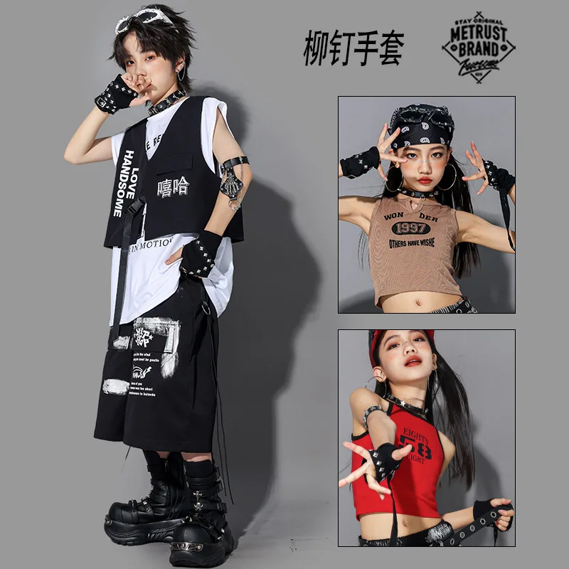 Fingerless Gloves Kids Street Dance Punk Rivet Arm Sleeves Girls Hip Hop Cool Stage Performance Lightweight Child Size New Daily